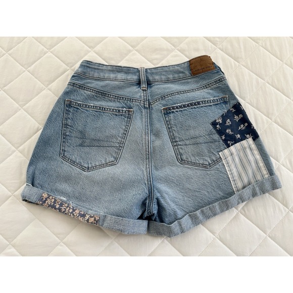 American Eagle Patchwork Denim Shorts US 2 Womens High Rise Cuffed Boho Festival - Picture 3 of 7